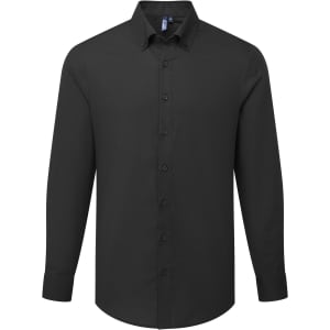 A long-sleeved men's shirt in black featuring a button-down collar and a branded logo.