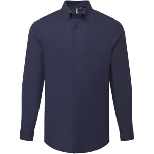A navy blue Oxford men's long-sleeve shirt with a collar and button-up front. It features long sleeves and a neat design.