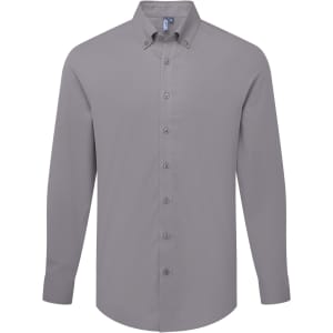 A grey long-sleeved men's shirt with a button-down collar and a logo.