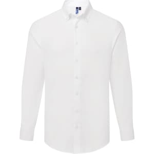 A white long-sleeve men's shirt with a button-down collar and a logo on the upper side.