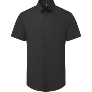 A short-sleeved men's shirt in black, featuring a button-up front and a collared neck. Includes a branded logo.