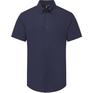 A short-sleeved men's shirt in navy blue with a button-down front and a branding logo on the collar.