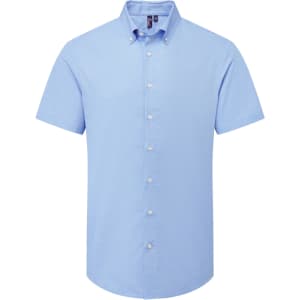 A light blue short-sleeved men's shirt with a button-down collar and a logo on the chest.