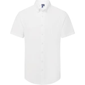 A white short-sleeved men's shirt with a button-up front and a collar. It has a logo on the tag.