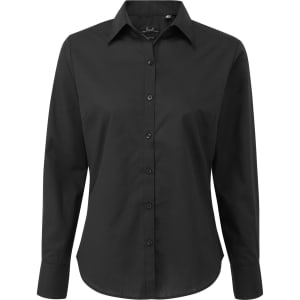 A black women's poplin long-sleeve blouse with a button-up front and a collar. It features a logo on the label.