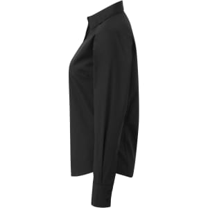 A women's black poplin long-sleeve blouse with a button-up design and a logo on the sleeve.