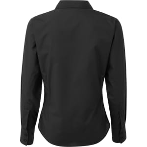 A black women's poplin long sleeve blouse featuring a collared neckline and button cuffs, shown from the back.