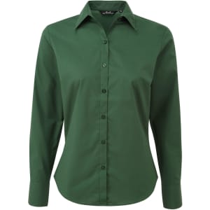 A green women's poplin long-sleeve blouse with a button-up front and collar. Features a branding logo.