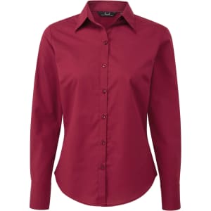 A burgundy long-sleeve button-up women's poplin blouse with a collared neckline and a logo.