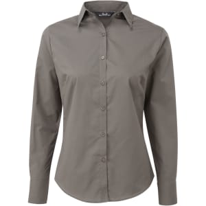 A women's button-up shirt in a muted grey colour with a classic collar and long sleeves. Features branding.