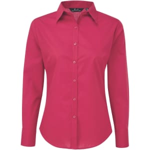 A pink women's poplin long-sleeve button-up blouse with a collar and a branded logo.