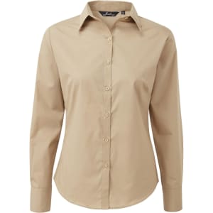 A women's long-sleeve button-up blouse in a light beige colour, featuring a classic collar and logo.