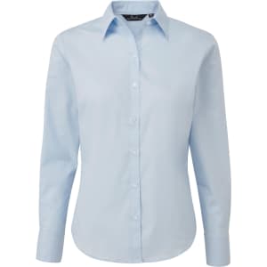 A light blue women's poplin long-sleeve blouse with a button-up front and a collar. Features a logo on the label.