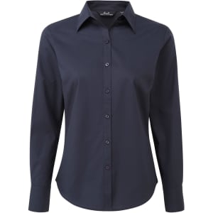 A women's long-sleeve button-up blouse in navy blue with a classic collar and buttons down the front.