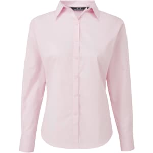 A pink women's poplin long-sleeve blouse with a button-up front and a collar. Features a logo.