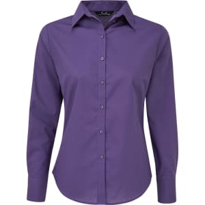 A purple women's poplin long sleeve blouse with a button-up front and collar. Features a logo on the label.