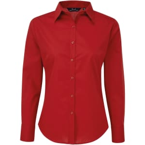 A red women's poplin long-sleeve blouse with a collared neck and button-up front. Features a logo.