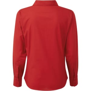 A red women's poplin long-sleeve blouse with a button-up design, featuring a collar and buttoned cuffs.