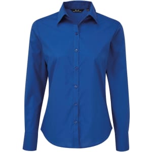 A blue long-sleeve button-up blouse for women, featuring a collared neckline and a logo.
