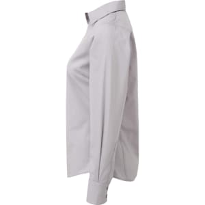 A grey women's poplin long-sleeve blouse shown from the side, featuring a classic button-up design and a collar.
