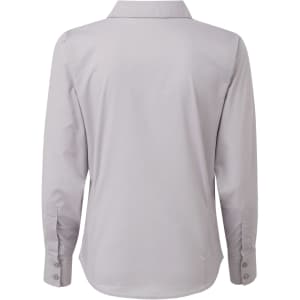 A light grey women's poplin long-sleeve blouse with a button-up design and a collared neckline.