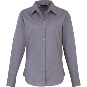 A grey women's poplin long-sleeve blouse with a button-up front and a collared neckline.