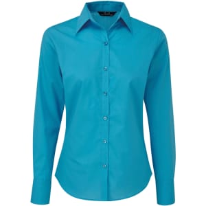 A women's long-sleeve button-up blouse in a bright turquoise colour. Features a classic collar and buttons down the front.