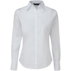 A white long-sleeve button-up blouse for women with a classic collar. It has a logo on the label.