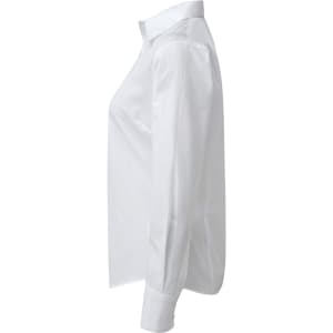 A white women's poplin long-sleeve blouse viewed from the side, featuring a collar and button-up design.