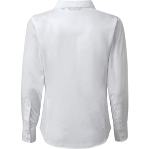 A white long-sleeve button-up blouse with a collar and buttoned cuffs, featuring a logo.