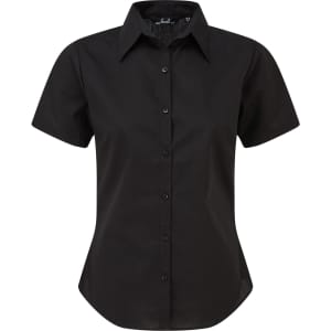 A black women's short-sleeve button-up blouse with a classic collar and a logo.