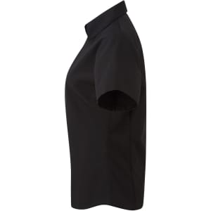 A black women's button-up blouse featuring a collared neckline and short sleeves, displayed from the side.