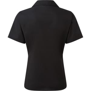 A black women's short-sleeve poplin blouse with a collar, featuring a sleek, tailored back design.