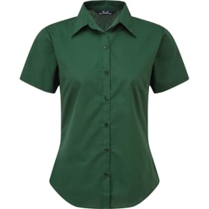 A green women's short-sleeve button-up blouse featuring a collar and a front button closure.