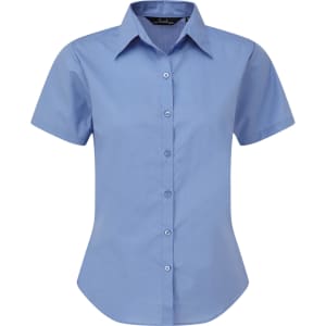 A light blue women's button-up blouse with short sleeves and a collar, featuring a front button display.