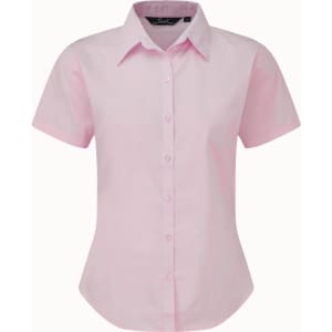 A pink button-up blouse with a collared neckline and short sleeves, featuring a branded label.