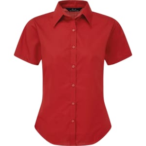 A red button-up blouse with short sleeves and a fitted design. It features a collar and buttons down the front.