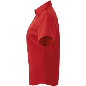 A red women's short sleeve poplin blouse with a button-up design and a collar. Features a plain design with a logo.