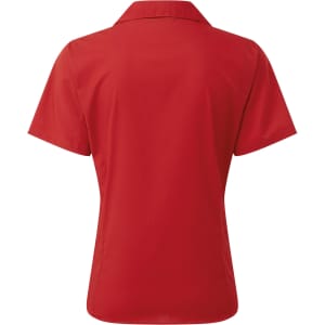 A red women's short-sleeve poplin blouse with a collar, featuring a logo on the back.