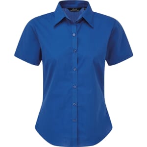 A blue button-up blouse with a collared neck and short sleeves, featuring a front button closure and a logo.