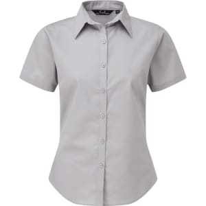 A grey women's short-sleeve poplin blouse with a button-up front and collar, featuring a branded logo.