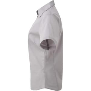 A light grey women's button-up blouse featuring a collar and short sleeves, with a subtle logo on the side.