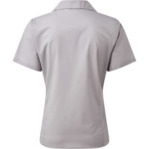 A women's short-sleeve button-up blouse in light grey with a collar and back detailing. It features a logo.