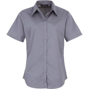 A button-up women's short-sleeve blouse in a grey shade, featuring a classic collar and front button closure.