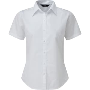 A white short-sleeved women's button-up blouse with a collar and a fitted design. It features a discreet logo.