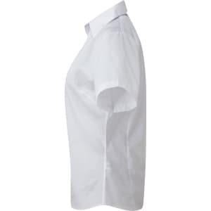 A white women's poplin blouse with a button-up design, featuring short sleeves and a collar.