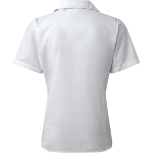 A short-sleeved women's poplin blouse in white, featuring a classic collar and a fitted back design.