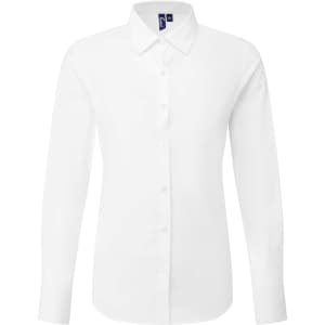 A white long-sleeve shirt with a collar and button-up front, featuring a logo on the label.