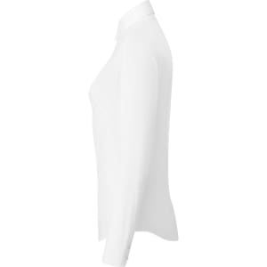 A women's long-sleeve poplin shirt in white, featuring a sleek side view and a collar. It has a logo on the fabric.