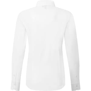 A white long-sleeved poplin shirt with a collar and buttoned cuffs, featuring a logo on the back.